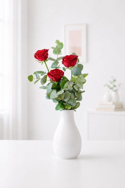Ramo de 3 rosas rojas frescas con eucalipto elaborado por Vitalflora en Valencia