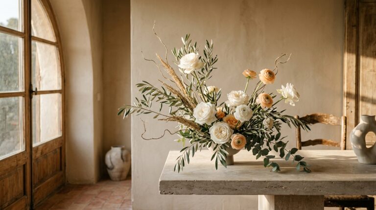 Decoración floral artística creada por las mejores floristerías para bodas en Valencia para una masía.