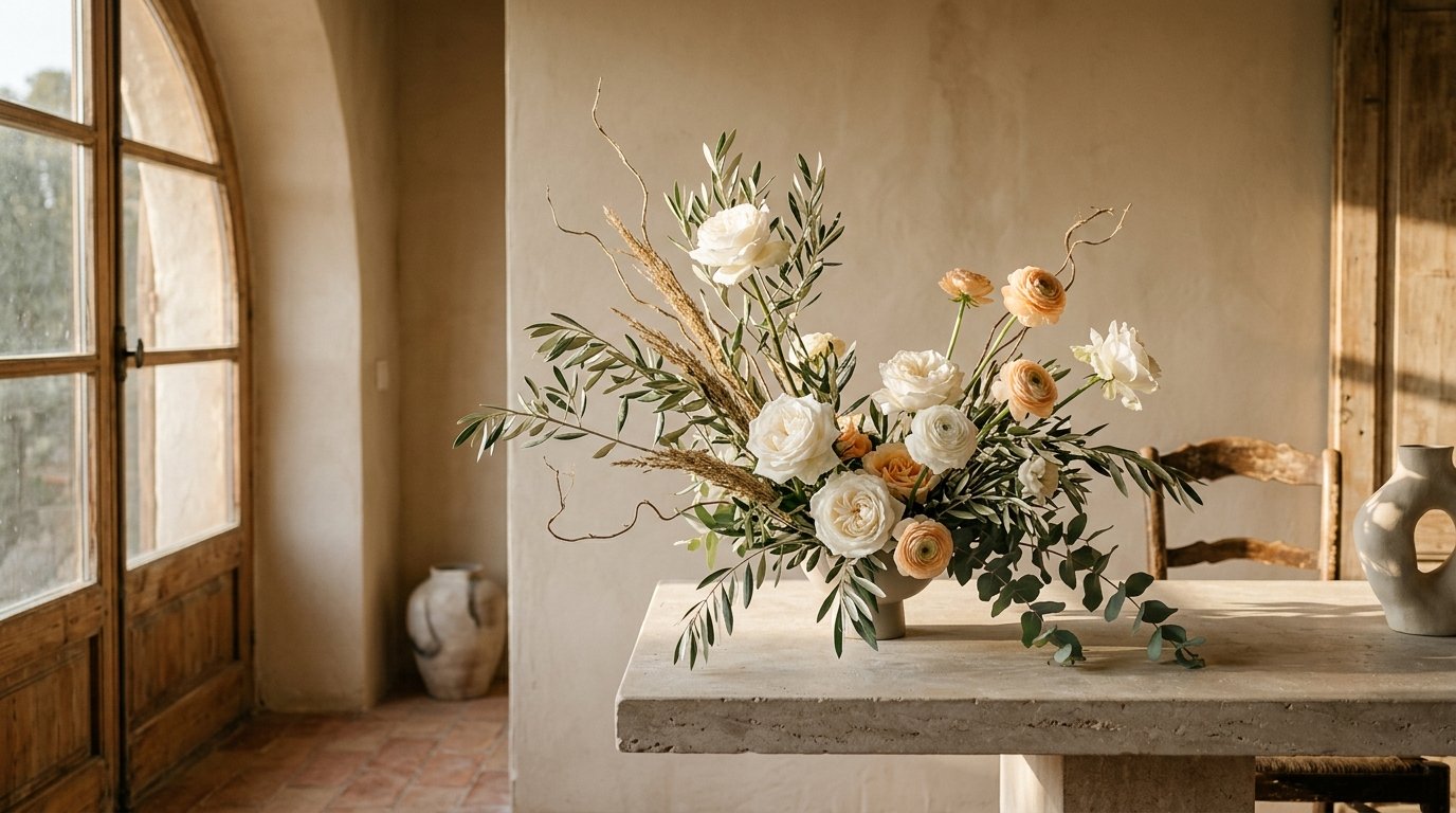 Decoración floral artística creada por las mejores floristerías para bodas en Valencia para una masía.