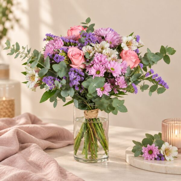 Ramo de flores en tonos rosa, lavanda y blanco con eucalipto, elaborado por Vitalflora en Valencia