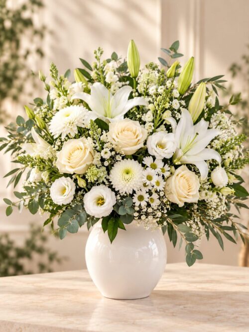Ramo Blanco Elegante en Valencia | Vitalflora Ramo de flores blancas frescas de temporada en Valencia, elaborado artesanalmente por Vitalflora
