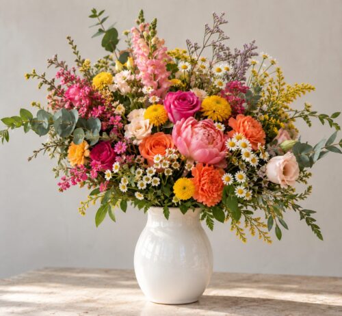Ramo Alegre en Valencia | Vitalflora Ramo Alegre de flores frescas de temporada en jarrón de porcelana blanca en Valencia