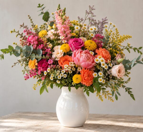 Ramo Alegre de flores frescas de temporada en jarrón de porcelana blanca en Valencia