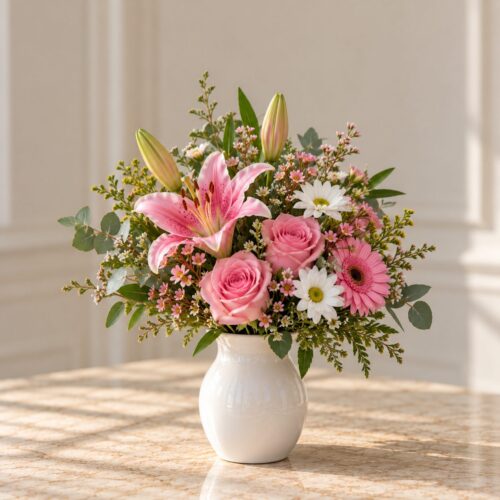 Ramo de Lilium, Rosas, Margaritas y Gerberas en Valencia | Vitalflora Ramo de lilium rosa, rosas, margaritas y gerberas frescas en Valencia, elaborado artesanalmente por Vitalflora
