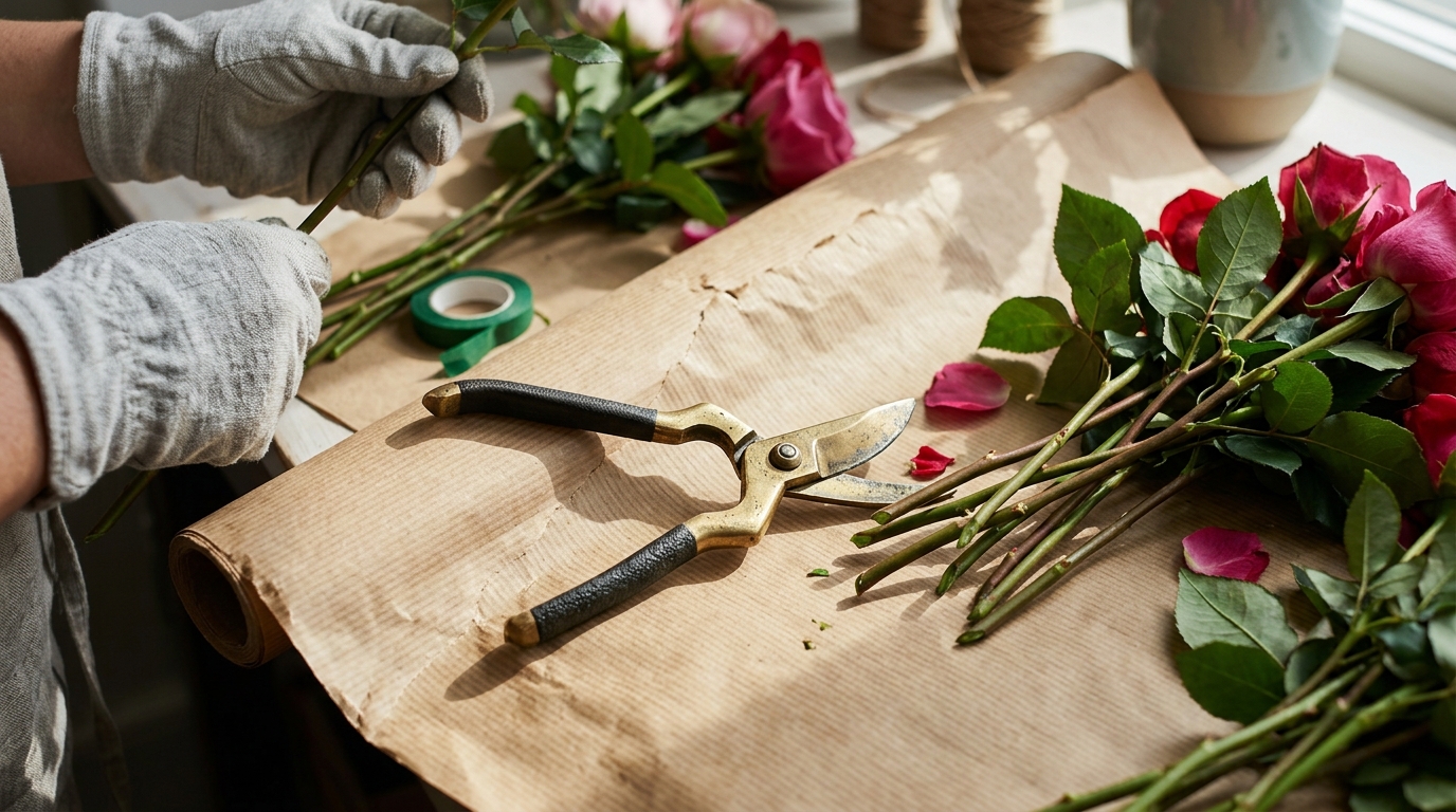 Florista artesanal creant un arranjament per calcular el preu de rams de flors personalitzats valència.